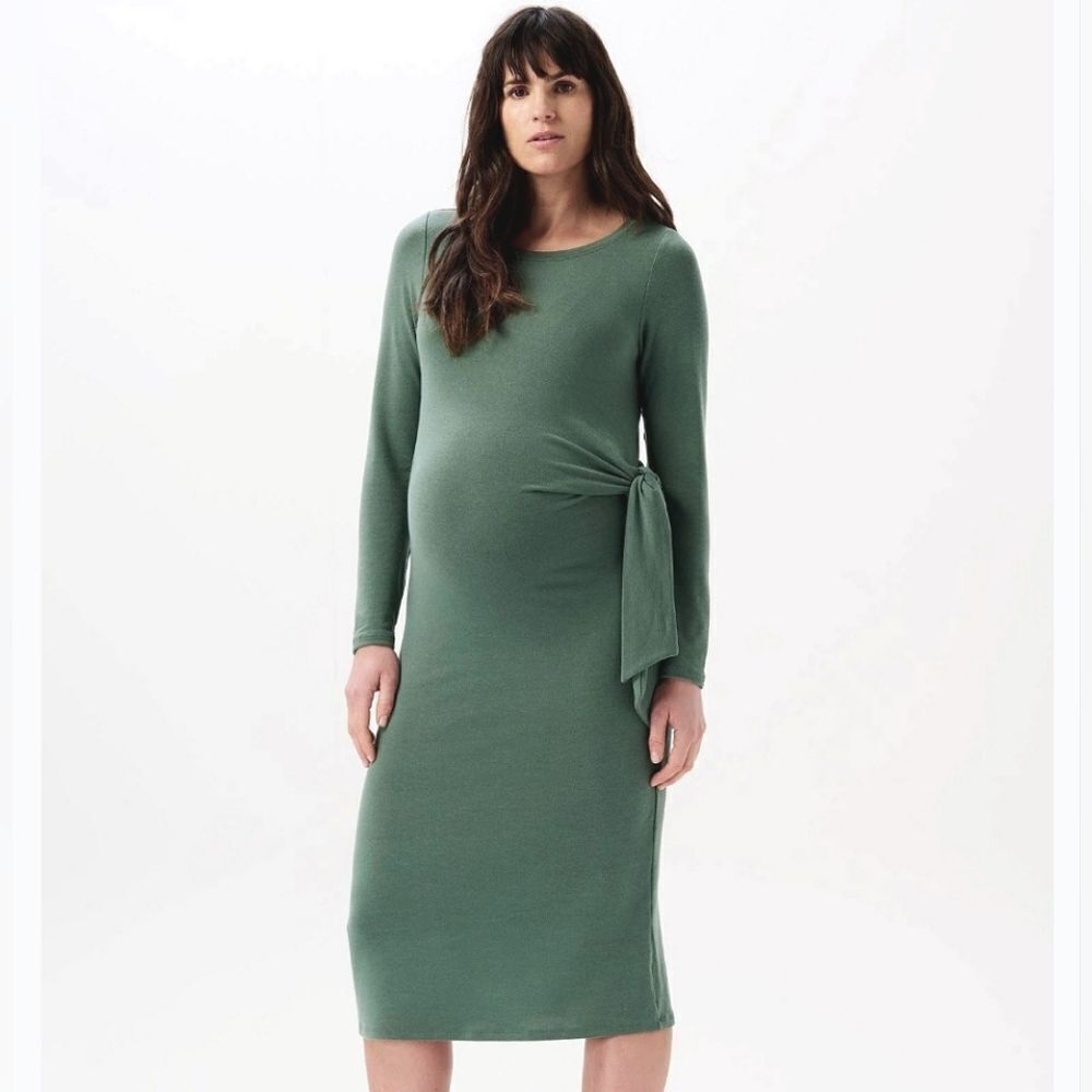 Aerie Super Soft Side Tie Long Sleeve Crew Neck Maternity Dress in Moss Green L